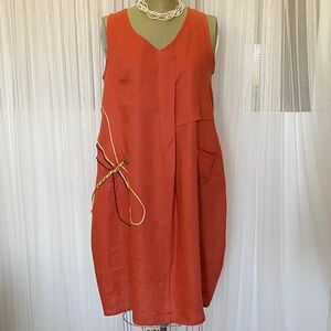 Tara Vao Rust Sleeveless V-Neck 100% Linen Dress Size Small